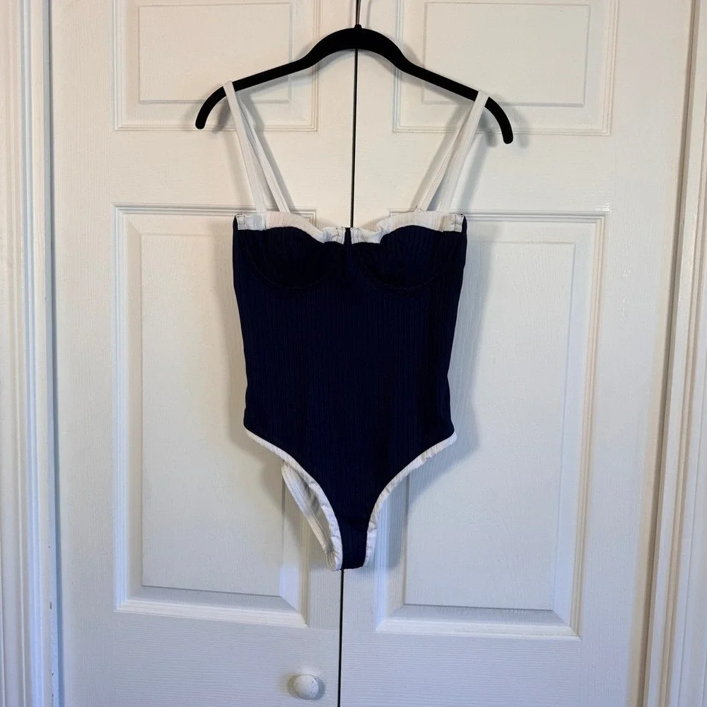 Aqua Swim Underwire One Piece Swimsuit Navy Blue White LARGE‎